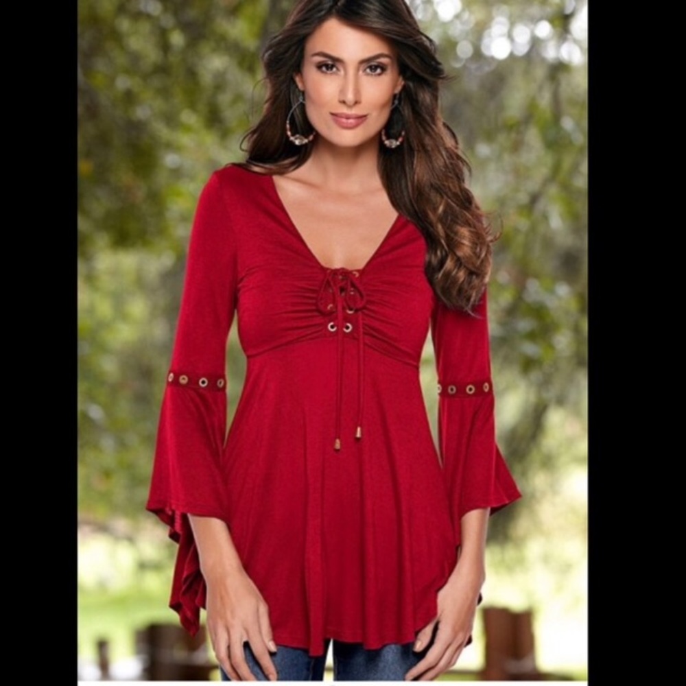 VENUS Lace up Grommet Red bell sleeve blouse top